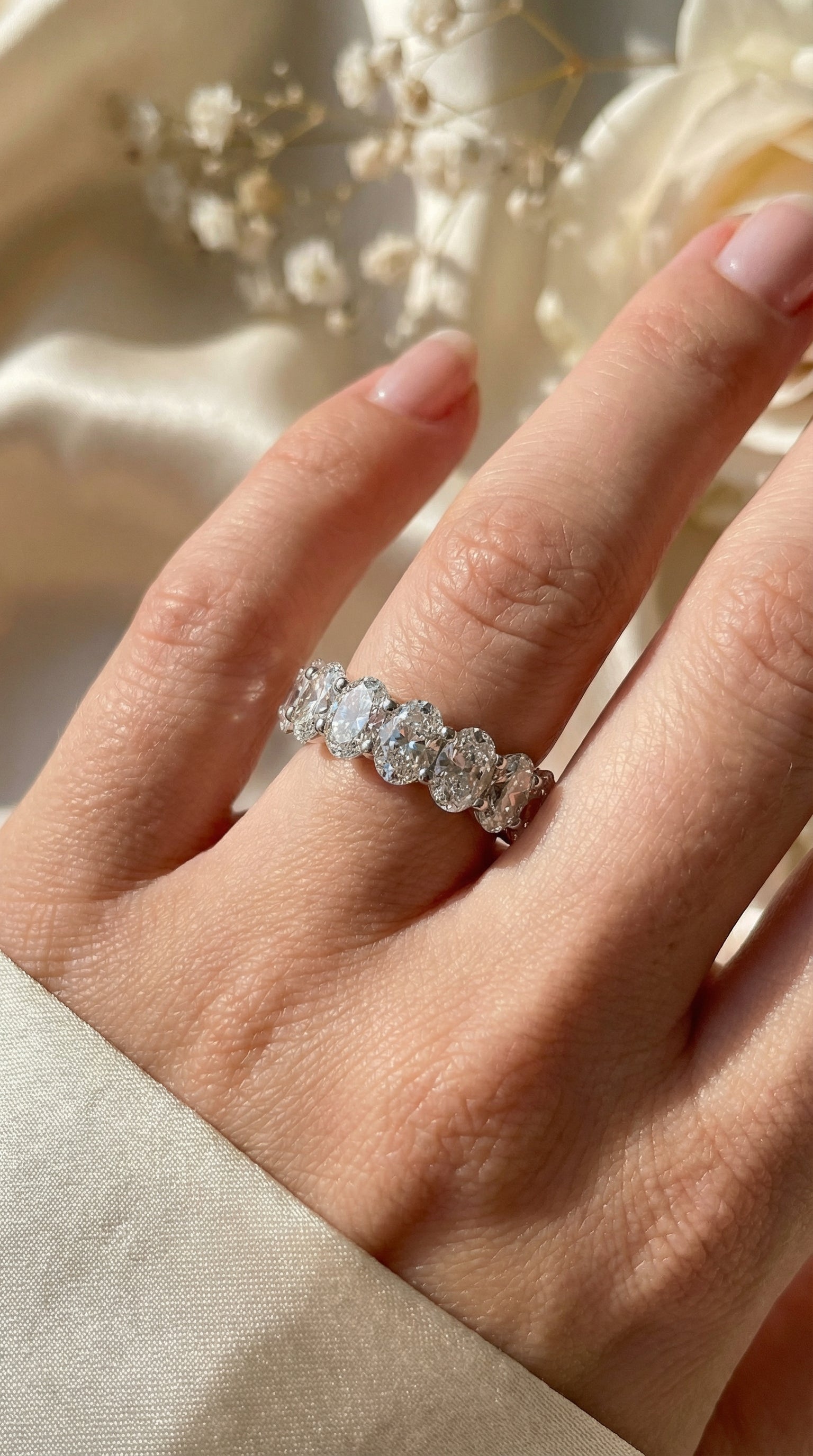 close view of oval lab grown diamond eternity band worn on model hand showing elongated oval stones set in continuous eternity band