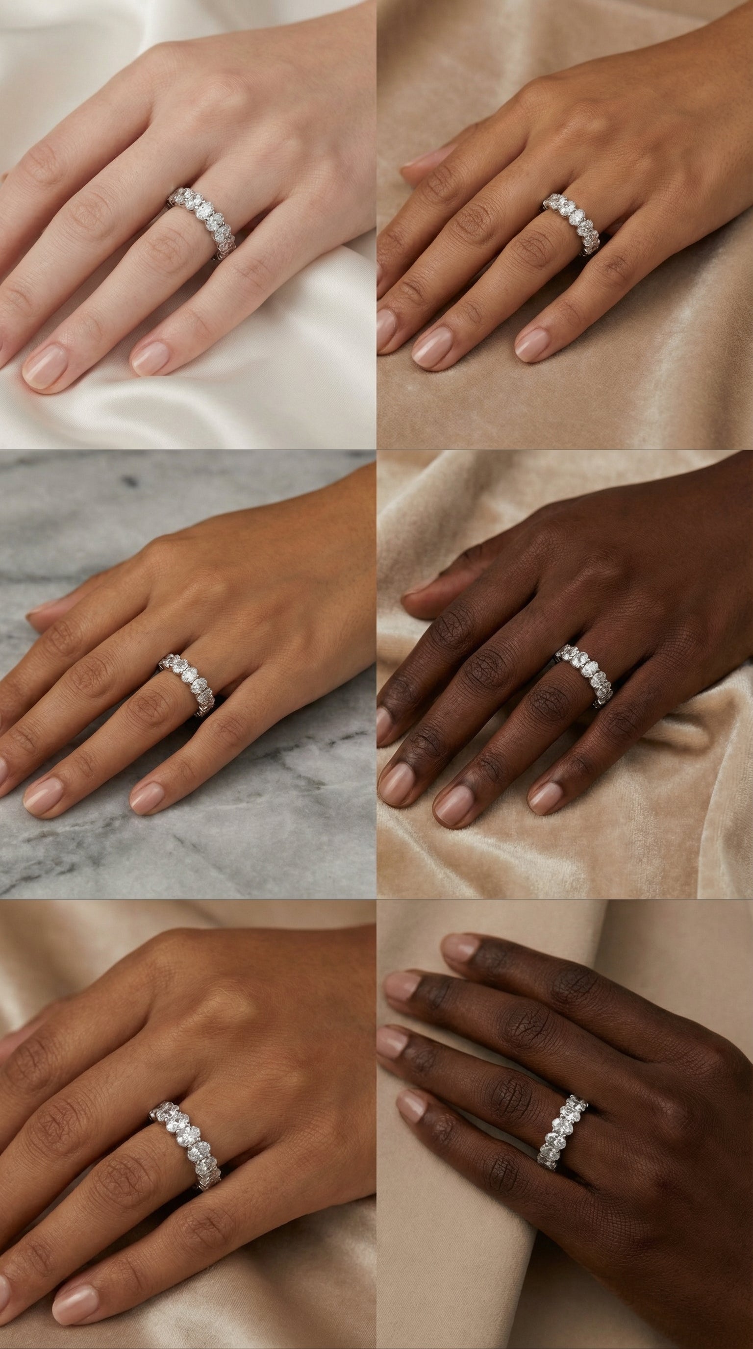 elegant oval cut lab grown diamond eternity band worn on model finger under natural light revealing sparkling diamonds and refined setting