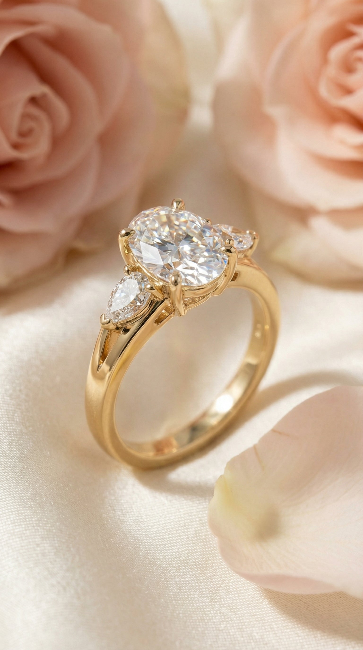 Gold ring with a large diamond on a soft pink floral background