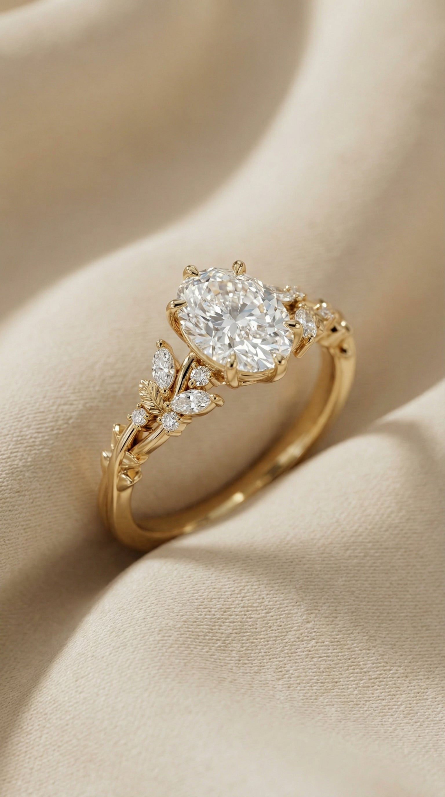 Oval cut lab grown diamond engagement ring with six prong cathedral setting and graduated round diamond side cluster on a polished yellow gold band.