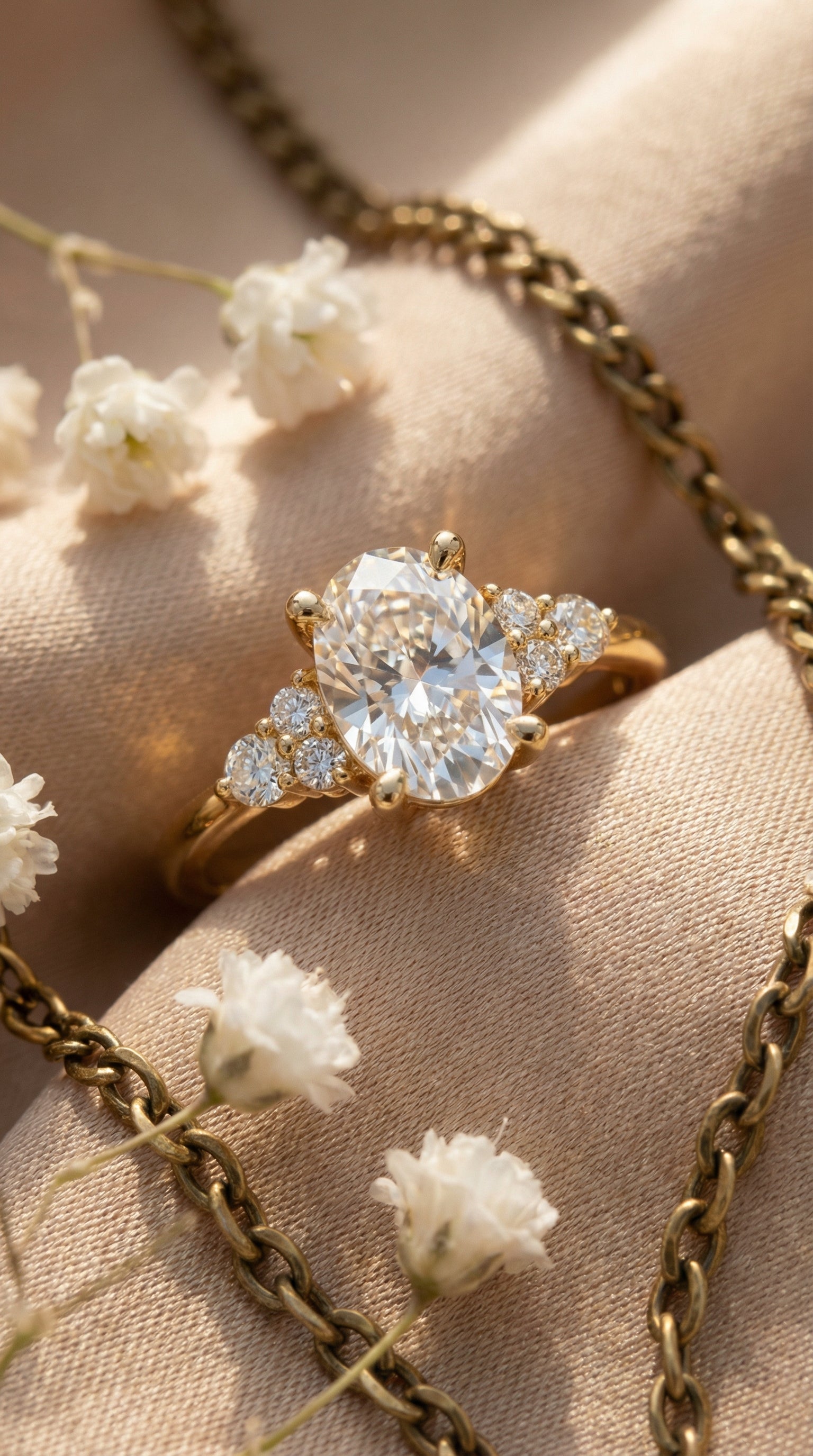 Gold ring with a large diamond and smaller diamonds on a beige fabric background with gold chains and small white flowers.