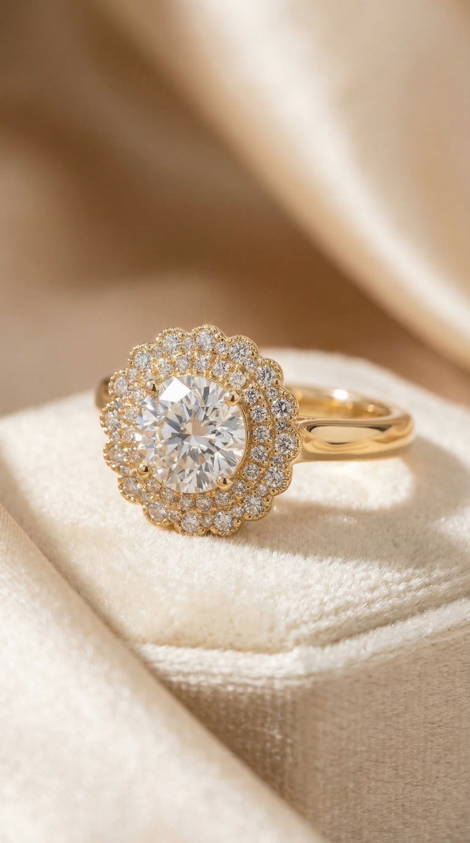 Elegant oval-cut lab-grown diamond engagement ring with halo cluster and six-prong cathedral setting in polished yellow gold.