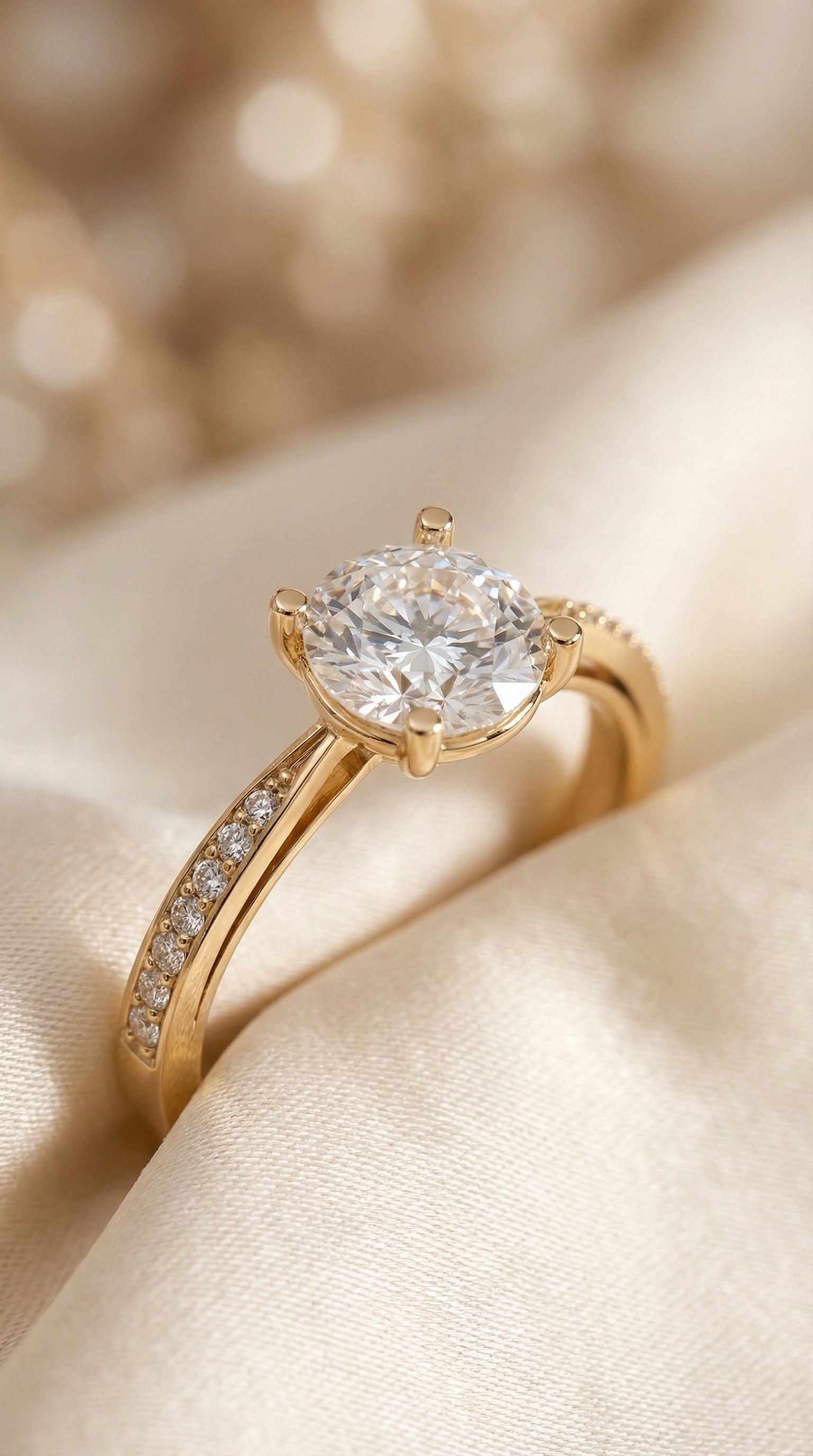 elegant round brilliant diamond solitaire engagement ring with pavé band photographed on soft neutral fabric with floral accents emphasizing romantic bridal style