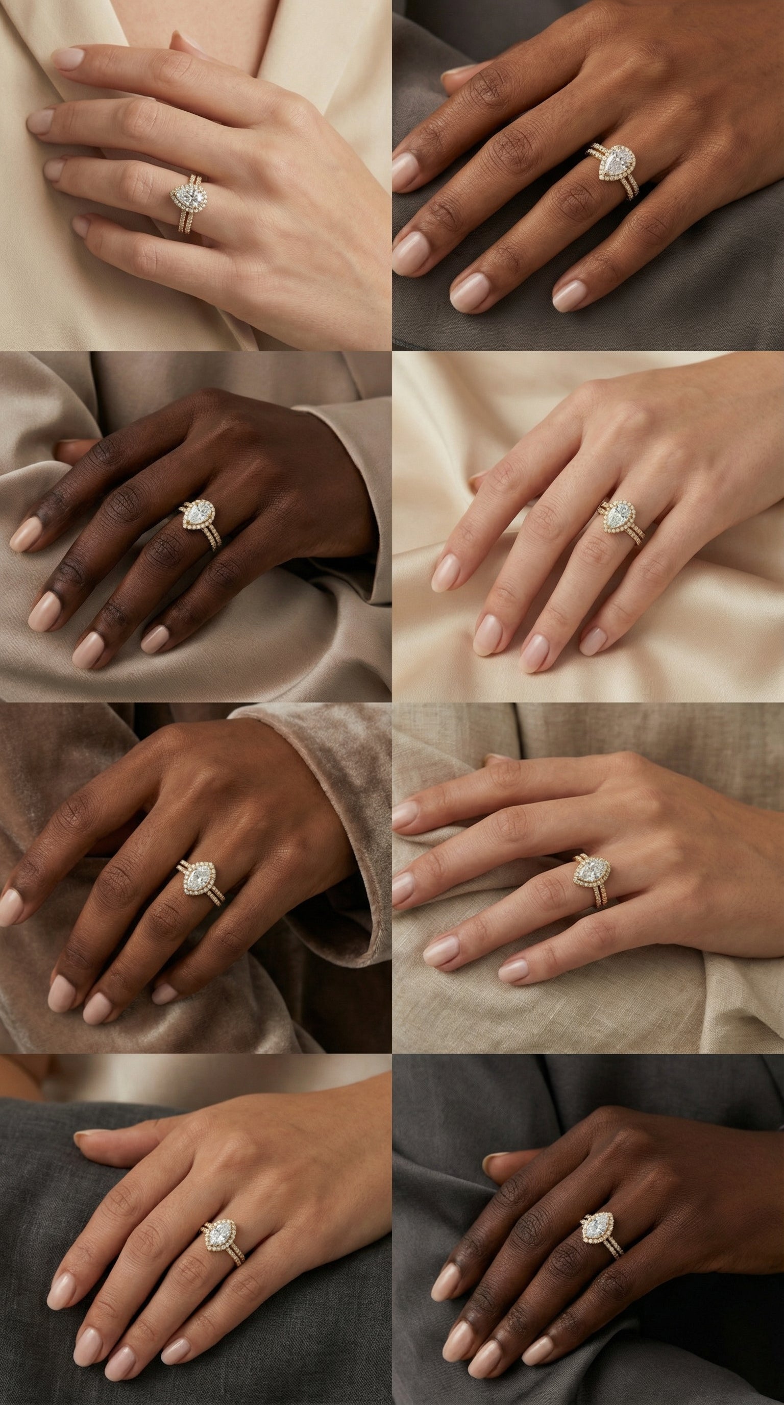 Multiple model hand views of pear cut lab grown diamond halo engagement ring with pavé split shank band showing elegant fit and brilliant halo sparkle