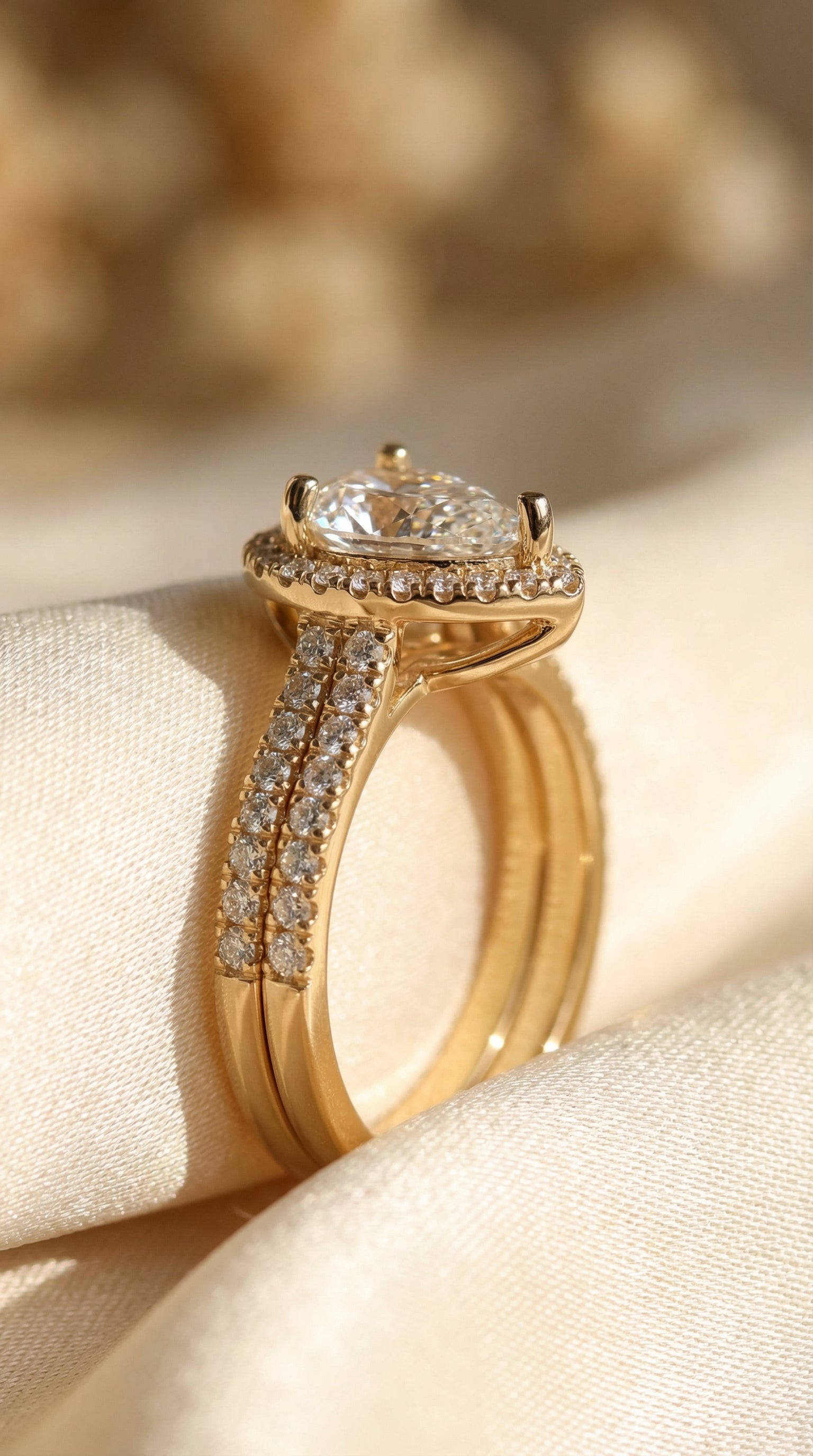 Luxury pear cut lab grown diamond halo engagement ring displayed on soft fabric surface showing double pavé split shank and brilliant halo diamonds around center stone