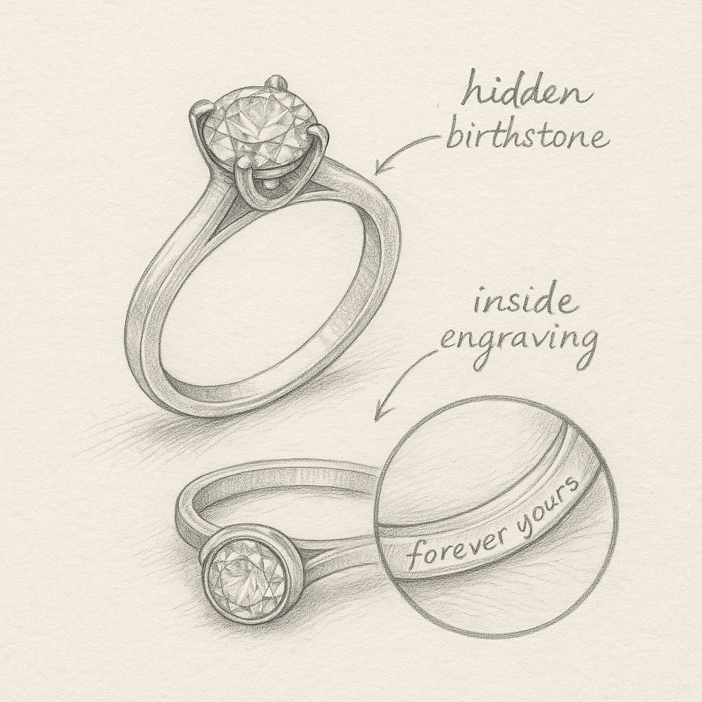 Illustration of a ring with a hidden birthstone and 'forever yours' engraving on a beige background. - Xavia Jewels