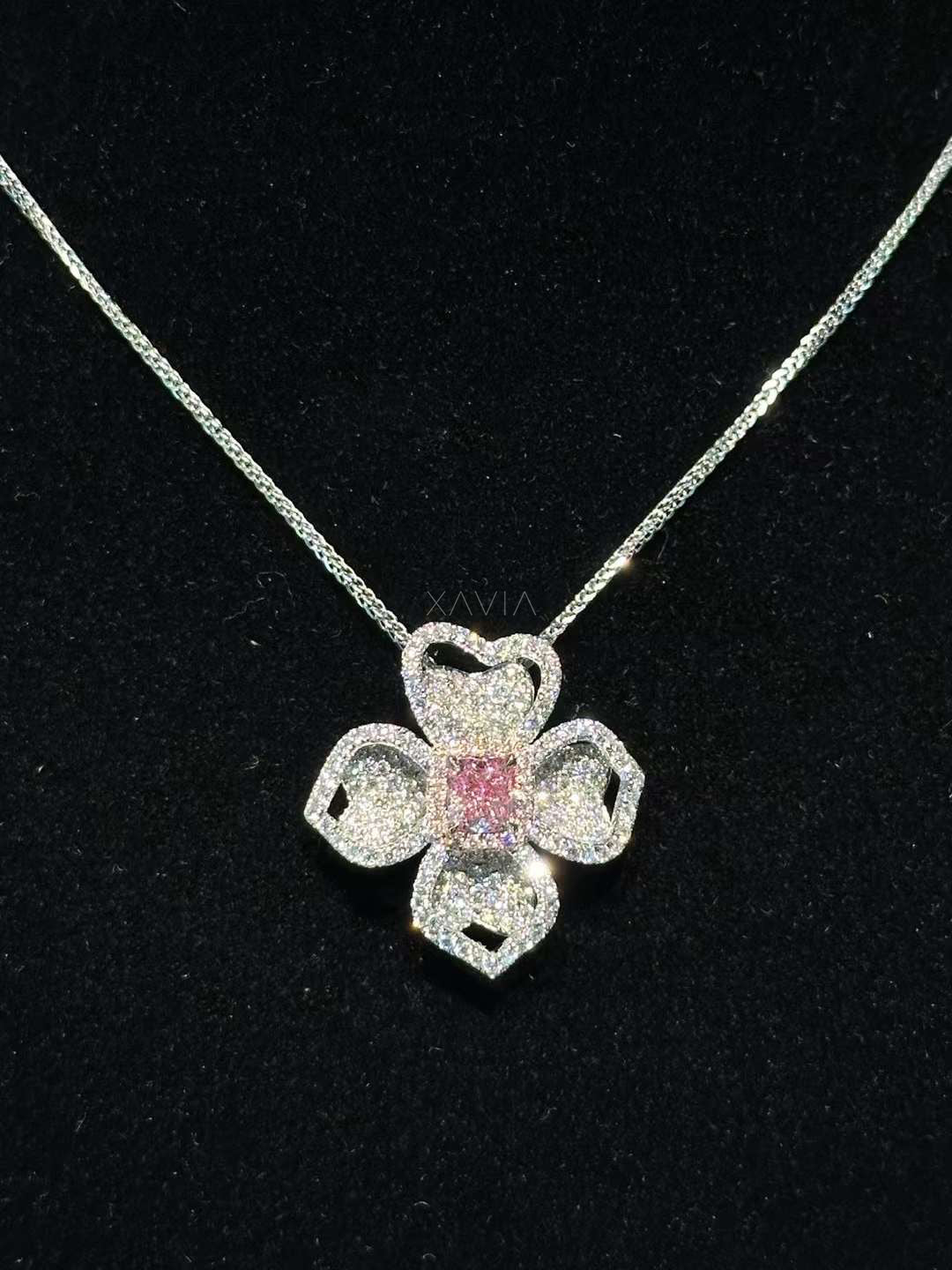 Petralisse floral pendant necklace featuring pink lab-grown diamond center surrounded by pavé-set white diamonds