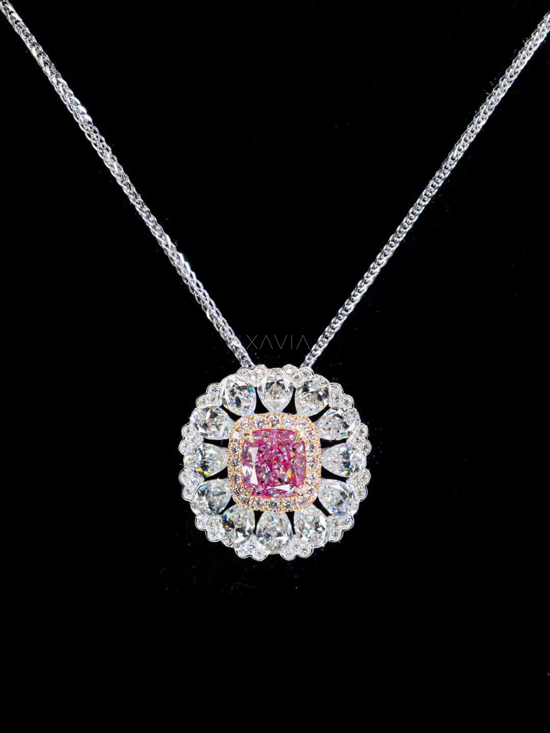 cushion pink diamond pendant necklace with floral halo of pear-shaped and round brilliant lab diamonds