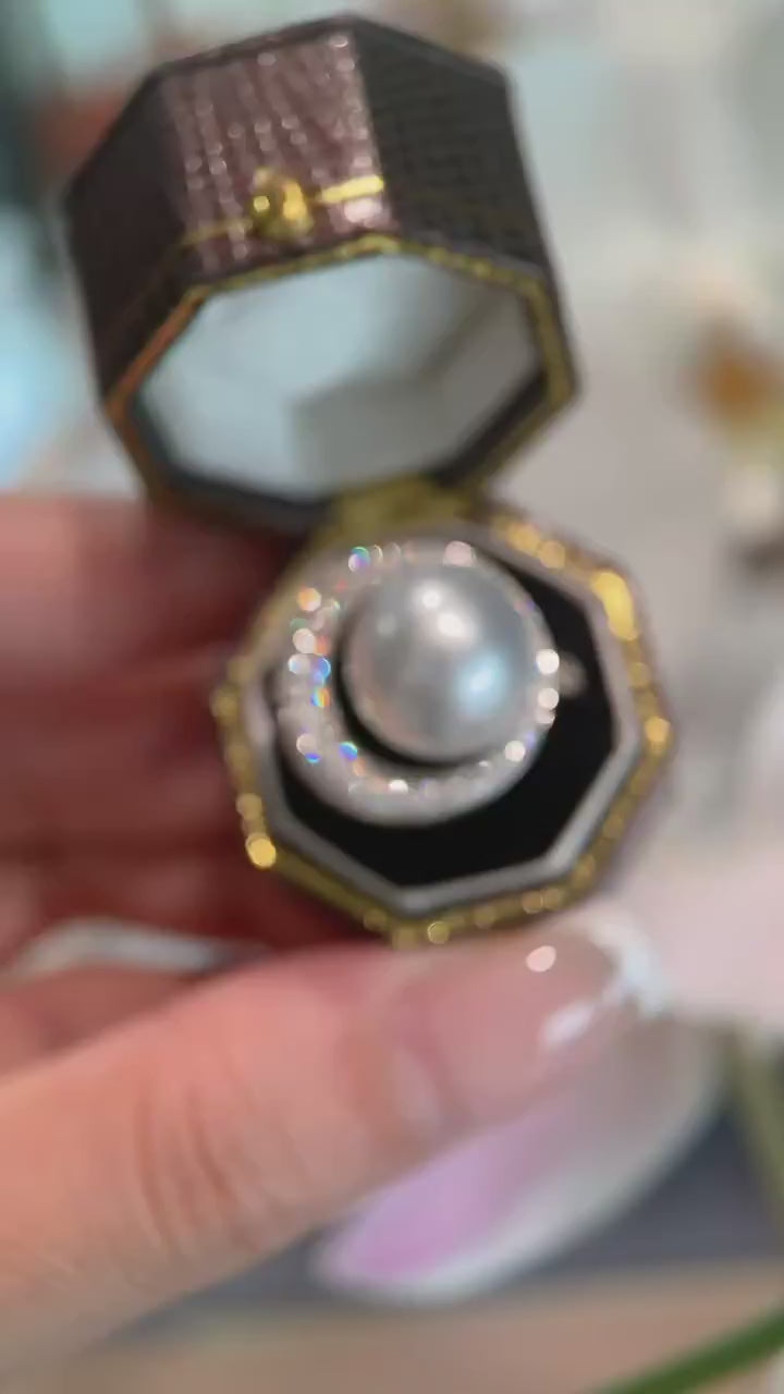 Lunaria Celeste Halo – South Sea Pearl Statement Ring with Pavé Diamond Crescent Halo and Sculptural High-Set Cocktail Design