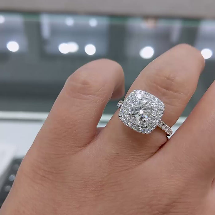 Veloura Cushion Halo – Double Halo Round Brilliant Lab Diamond Engagement Ring with Micro Pavé Band and Elevated Cushion Frame Setting