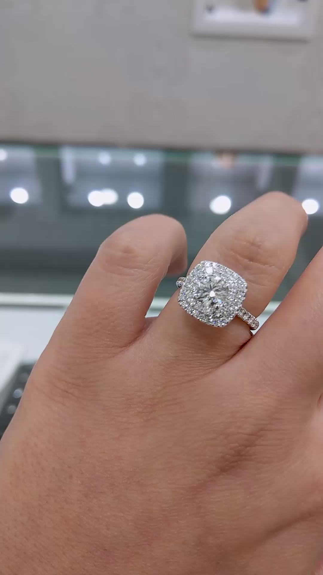 Veloura Cushion Halo – Double Halo Round Brilliant Lab Diamond Engagement Ring with Micro Pavé Band and Elevated Cushion Frame Setting