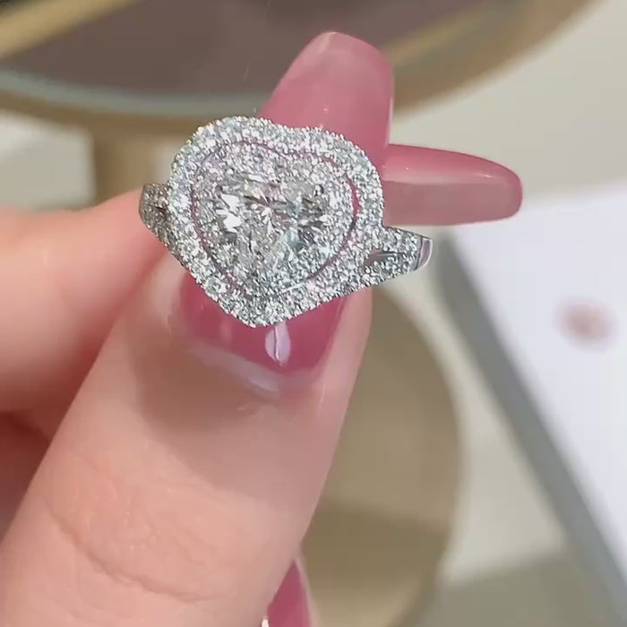 Amorette – Heart Cut Double Halo Lab Diamond Engagement Ring with Split Shank and Pavé Accents