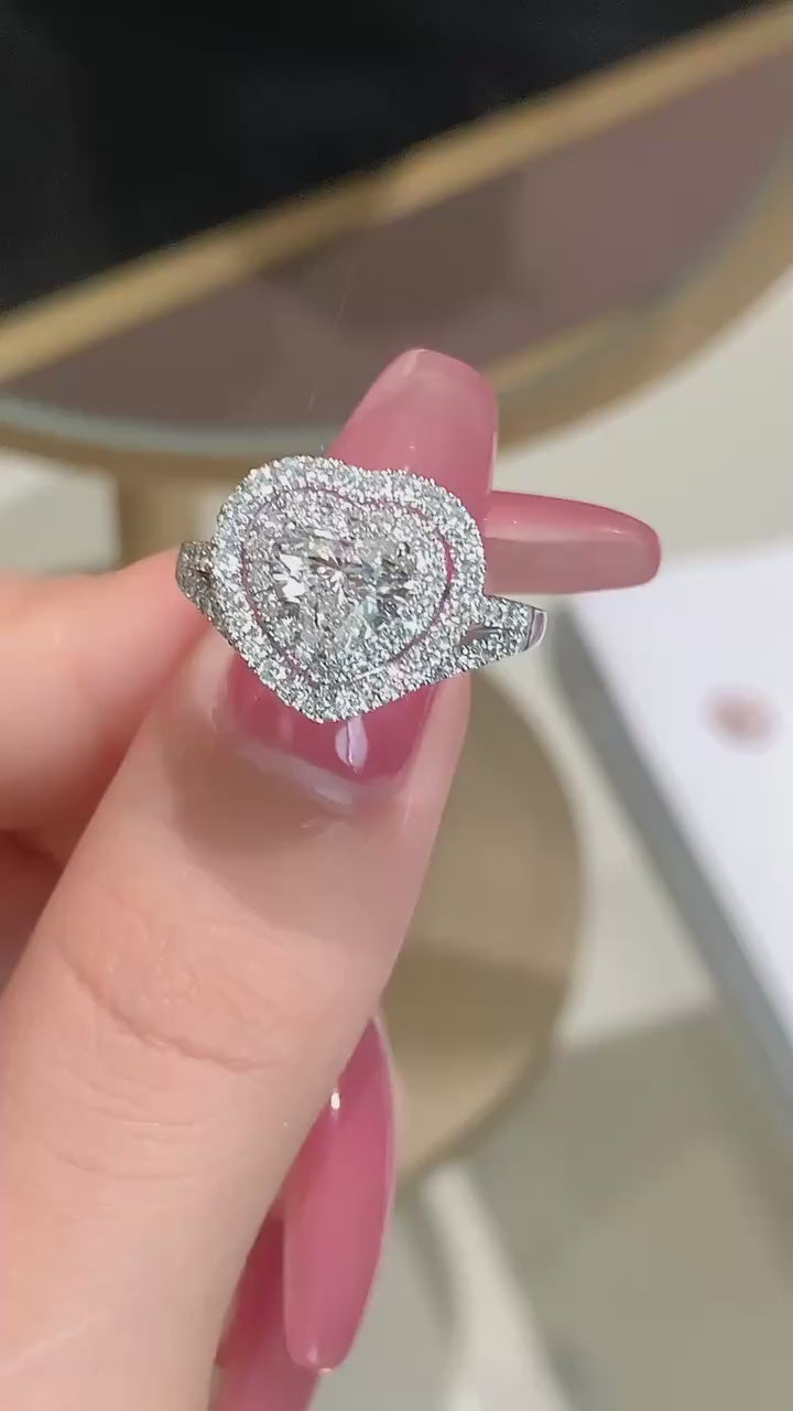 Amorette – Heart Cut Double Halo Lab Diamond Engagement Ring with Split Shank and Pavé Accents