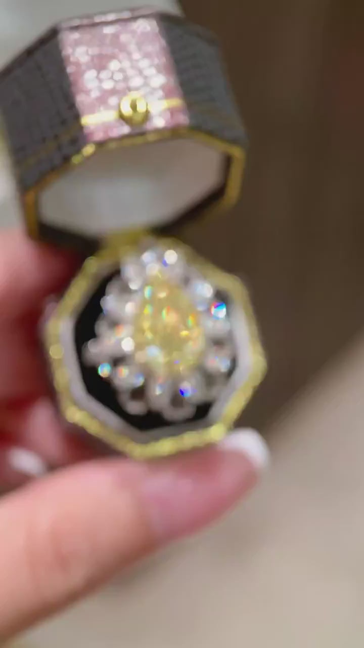 Solaretta – Fancy Yellow Pear Cut Diamond Halo Ring with Marquise and Round Brilliant Cluster Setting