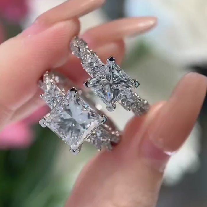 Valencira – Princess Cut Three-Stone Diamond Engagement Ring with Pavé Side Stones in Platinum Setting