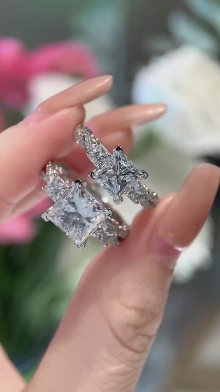 Valencira – Princess Cut Three-Stone Diamond Engagement Ring with Pavé Side Stones in Platinum Setting