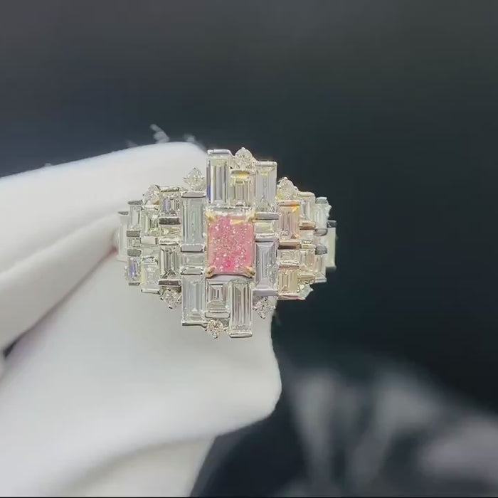 Rosavelle – Radiant Pink Emerald Diamond Ring with Geometric Baguette Cluster and White Brilliant Accents