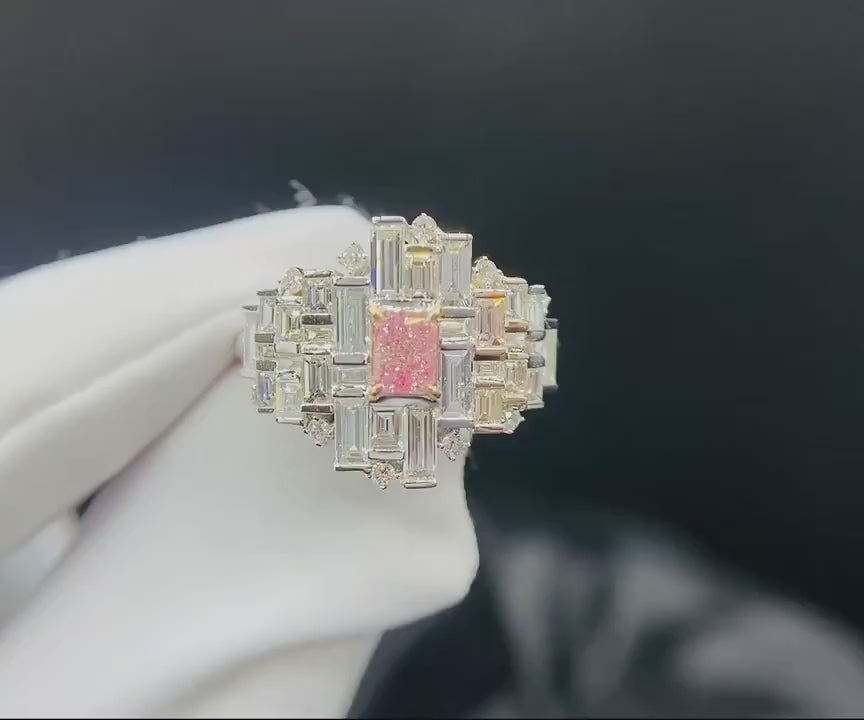Rosavelle – Radiant Pink Emerald Diamond Ring with Geometric Baguette Cluster and White Brilliant Accents