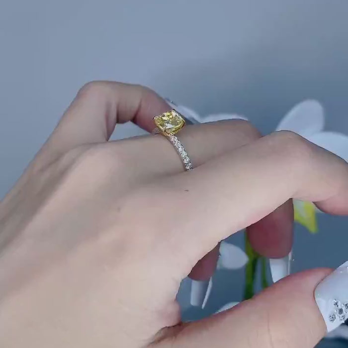 Lumivelle – Radiant Cut Yellow Lab Diamond Ring with Pavé Band in White & Gold