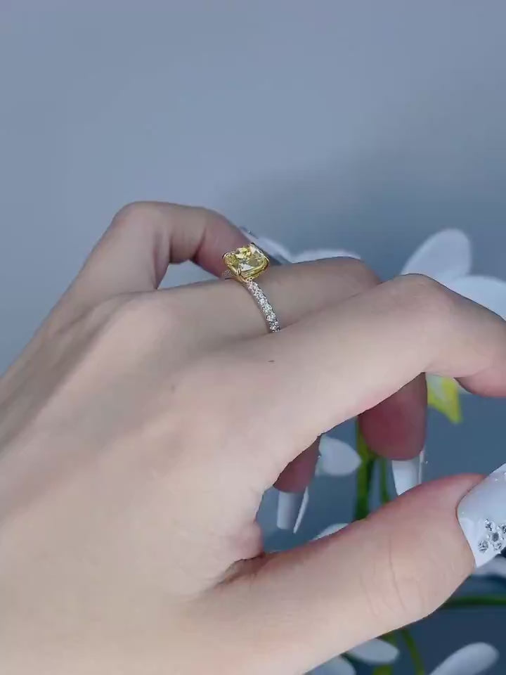 Lumivelle – Radiant Cut Yellow Lab Diamond Ring with Pavé Band in White & Gold