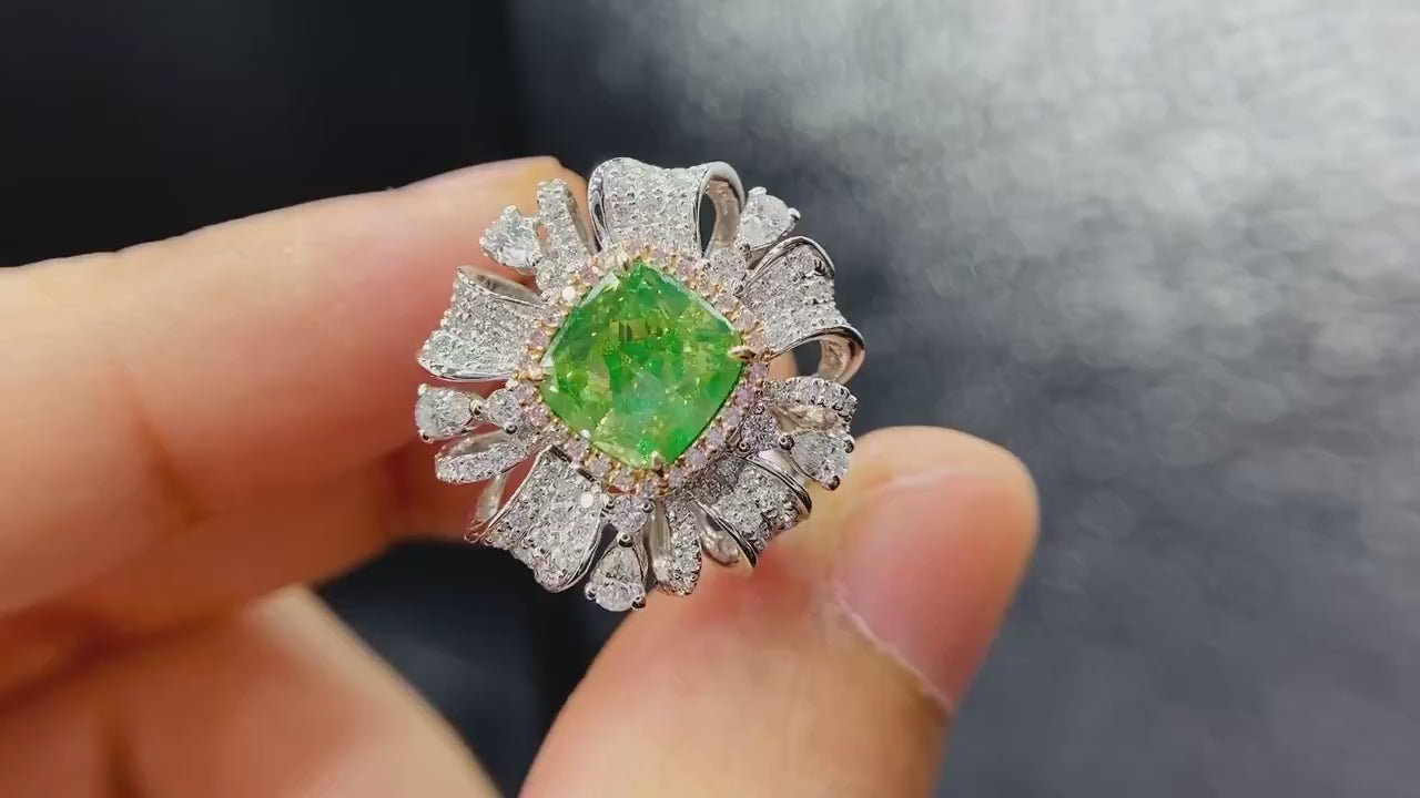 Verdant Halo – Cushion Cut Green Diamond Floral Burst Halo Cocktail Ring