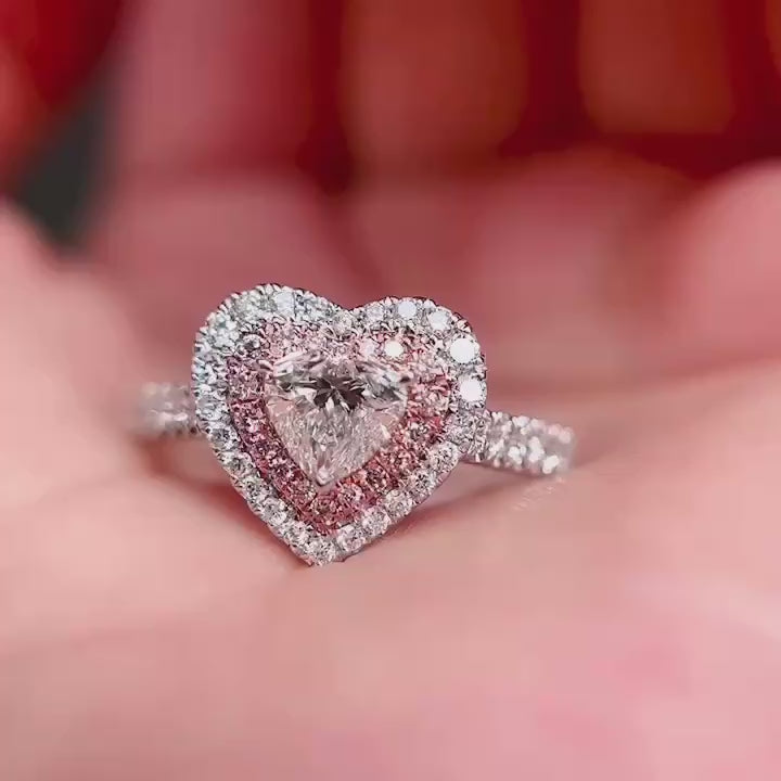 Rosamour – Heart Shaped Diamond Double Halo Ring with Pink Pavé Halo and Micro-Set Diamond Band