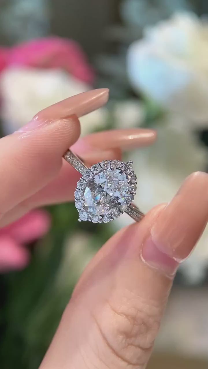 Oval Cut Lab Diamond Floral Halo Engagement Ring in Solid Gold