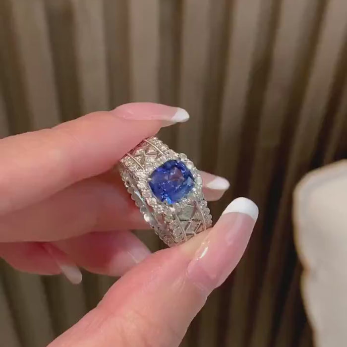 Celestia Lattice – Cushion Cut Blue Sapphire Halo Ring with Vintage Diamond Lattice Band and Double Pavé Frame
