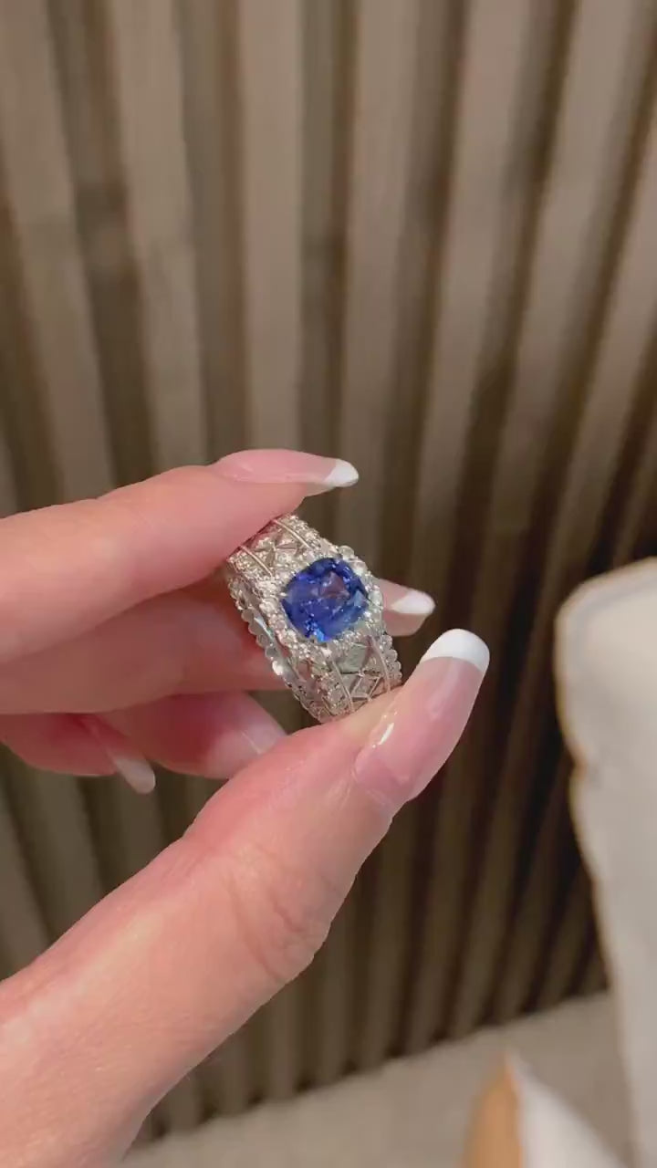 Celestia Lattice – Cushion Cut Blue Sapphire Halo Ring with Vintage Diamond Lattice Band and Double Pavé Frame