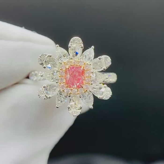 Rosalune Petal Halo Ring – Pink Cushion Center with Marquise Floral Lab Diamond Cluster Engagement Design