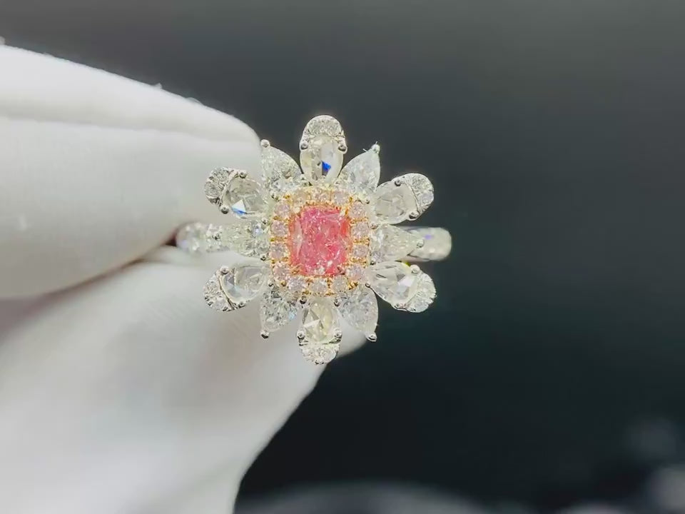 Rosalune Petal Halo Ring – Pink Cushion Center with Marquise Floral Lab Diamond Cluster Engagement Design
