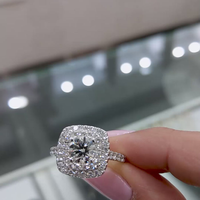 Veloura Cushion Halo – Double Halo Round Brilliant Lab Diamond Engagement Ring with Micro Pavé Band and Elevated Cushion Frame Setting