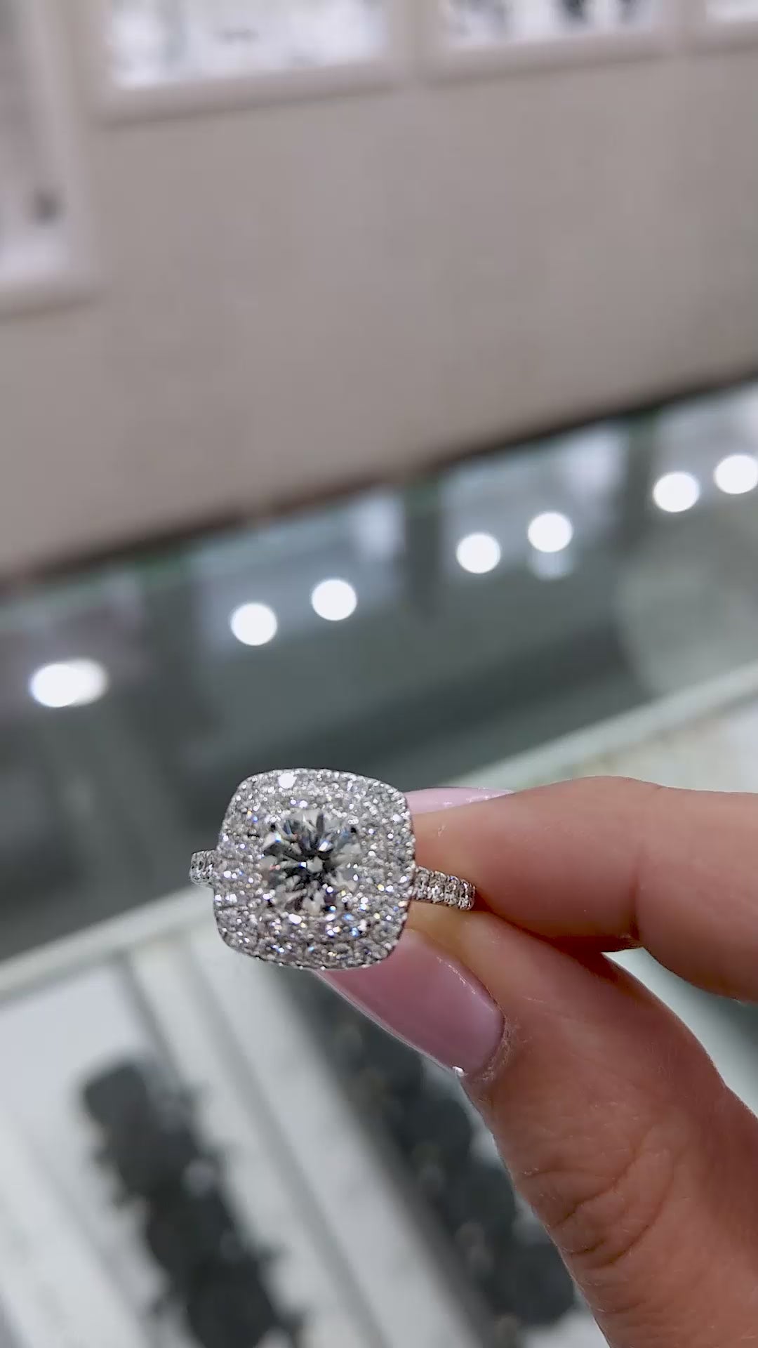 Veloura Cushion Halo – Double Halo Round Brilliant Lab Diamond Engagement Ring with Micro Pavé Band and Elevated Cushion Frame Setting