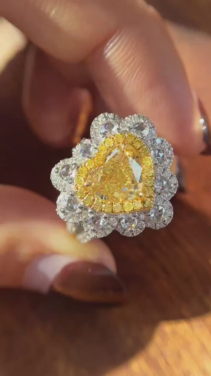 Solviora – Heart-Shaped Fancy Yellow Diamond Ring & Pendant Necklace with White Diamond Halo Brilliance