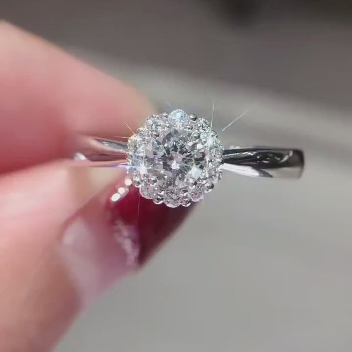 Roselique Aura – Round Cut Lab Diamond Floral Halo Engagement Ring with Elegant Split Shank Design