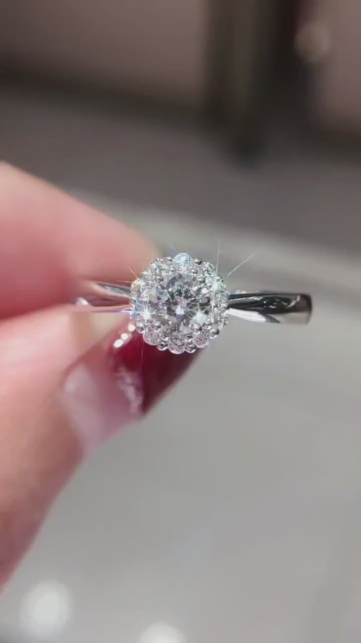 Roselique Aura – Round Cut Lab Diamond Floral Halo Engagement Ring with Elegant Split Shank Design