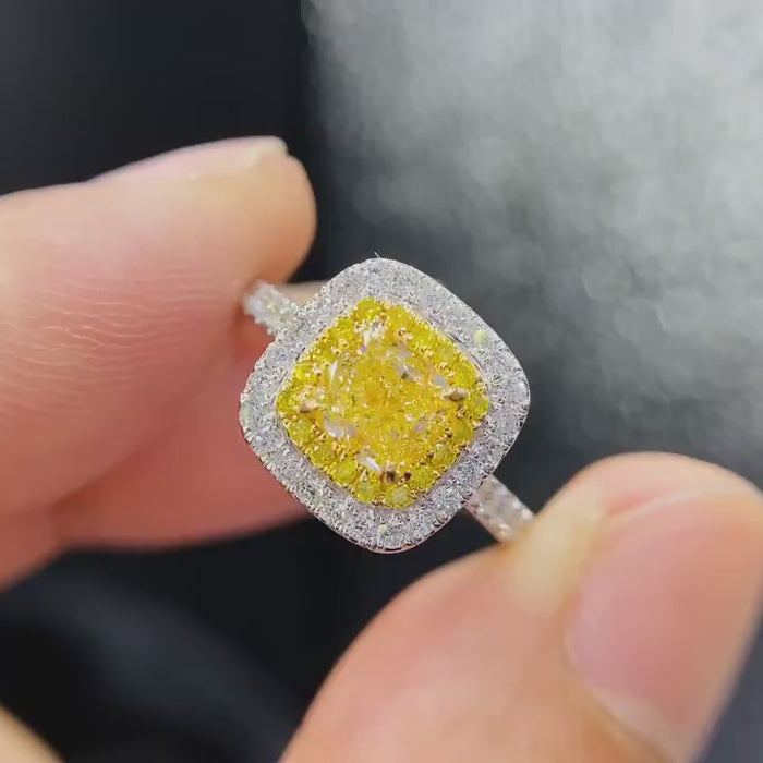 Solara Aureum – Cushion Cut Fancy Yellow Diamond Halo Ring with Double Pavé Frame in White Gold
