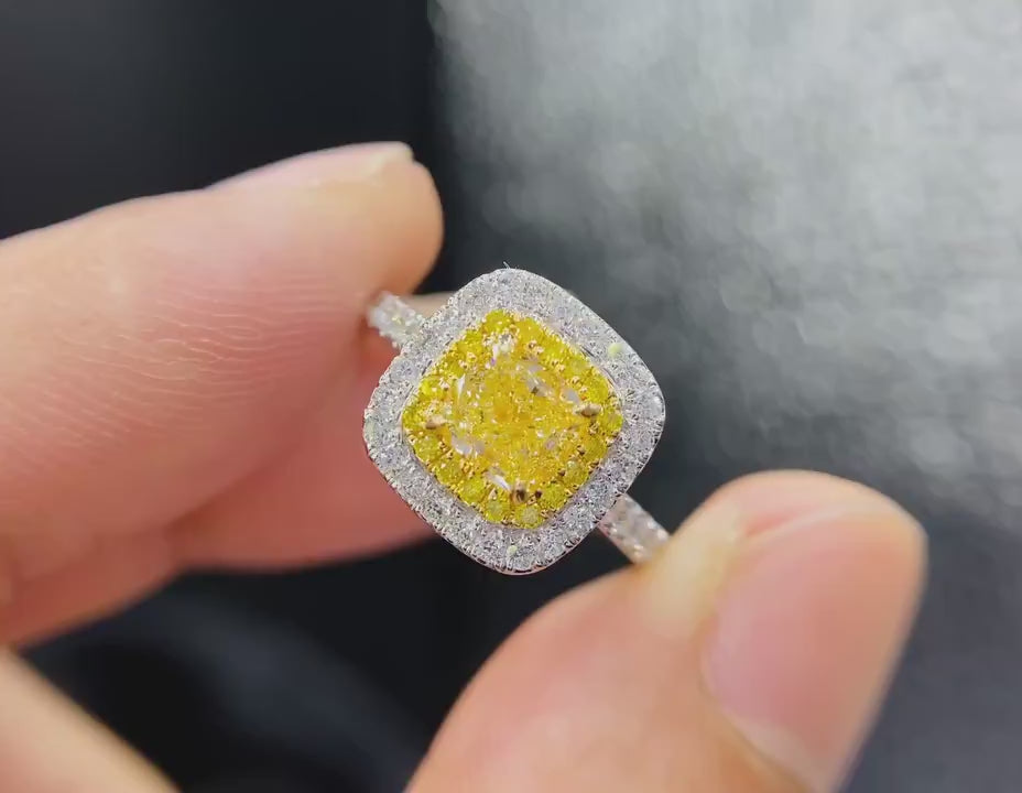 Solara Aureum – Cushion Cut Fancy Yellow Diamond Halo Ring with Double Pavé Frame in White Gold