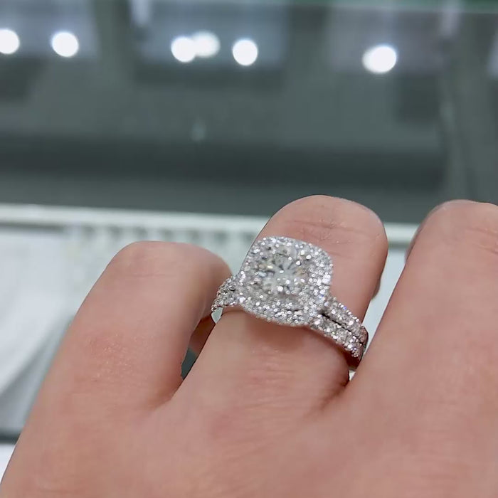 Veloura Cushion Halo – Double Halo Round Brilliant Lab Diamond Engagement Ring with Micro Pavé Band and Elevated Cushion Frame Setting
