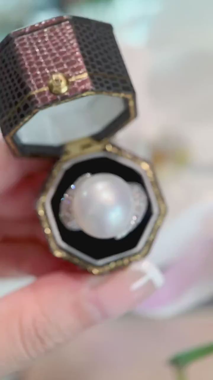 Maribel Pearl Bypass Ring – Luminous South Sea Style Pearl with Pavé Lab Diamond Statement Band in Solid Gold