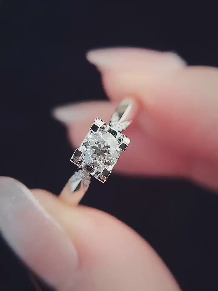 Round brilliant lab diamond solitaire featuring DEF color VVS–VS clarity, sculpted split shank, pavé accents, crafted in solid white gold.