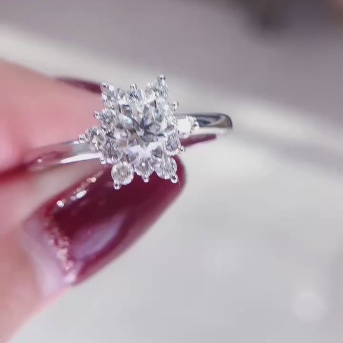 Stellara Bloom – Round Brilliant Lab-Grown Diamond Floral Halo Engagement Ring with Starburst Cluster Setting and Minimalist Polished Band
