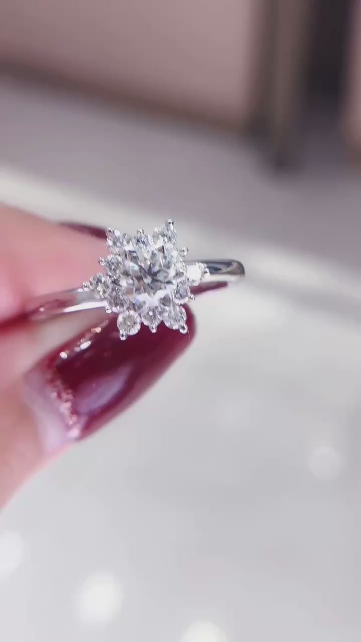 Stellara Bloom – Round Brilliant Lab-Grown Diamond Floral Halo Engagement Ring with Starburst Cluster Setting and Minimalist Polished Band