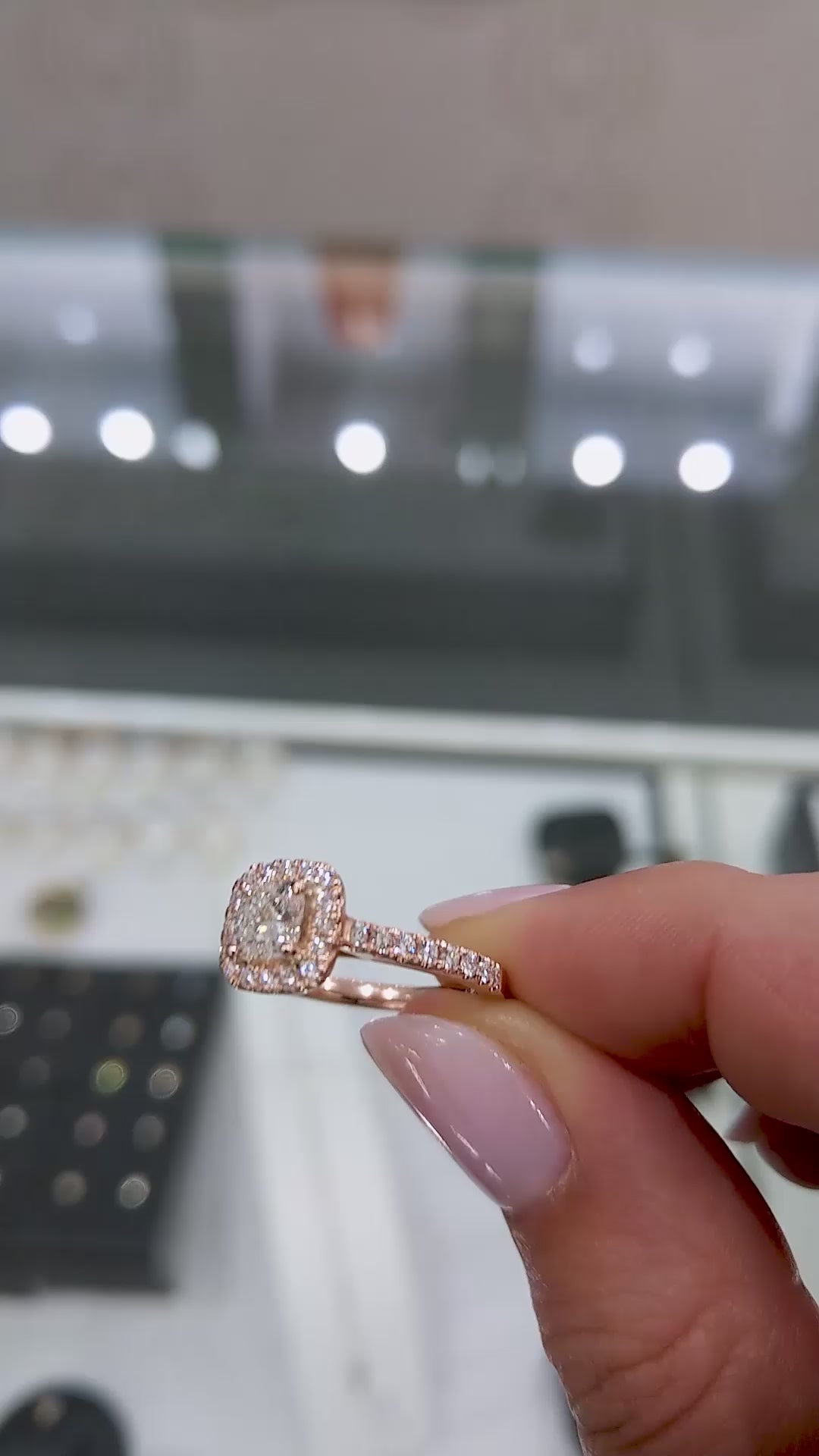 Cushion cut lab-grown diamond ring with DEF color VVS clarity, halo setting, split pavé band, available in 1–3 carat options in gold or platinum
