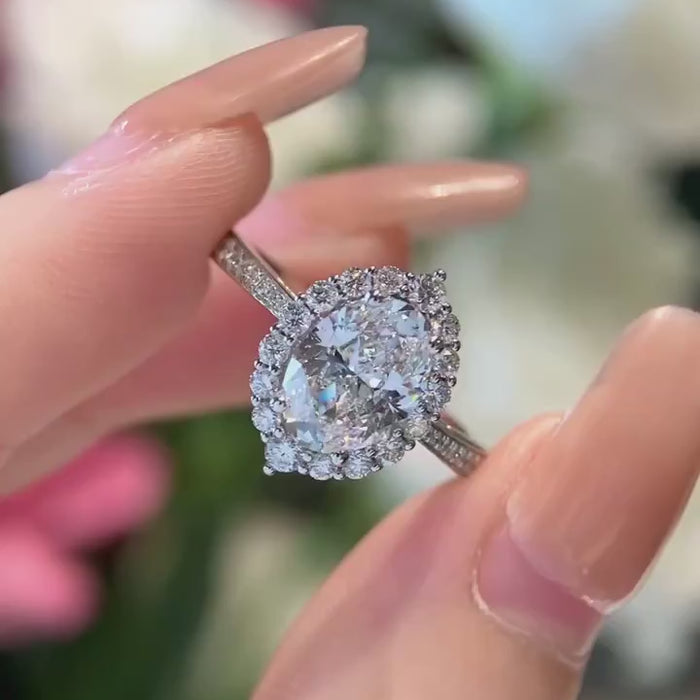 Elowyn Crest – Oval Cut Lab Diamond Floral Halo Engagement Ring with Pavé Band in Solid Gold