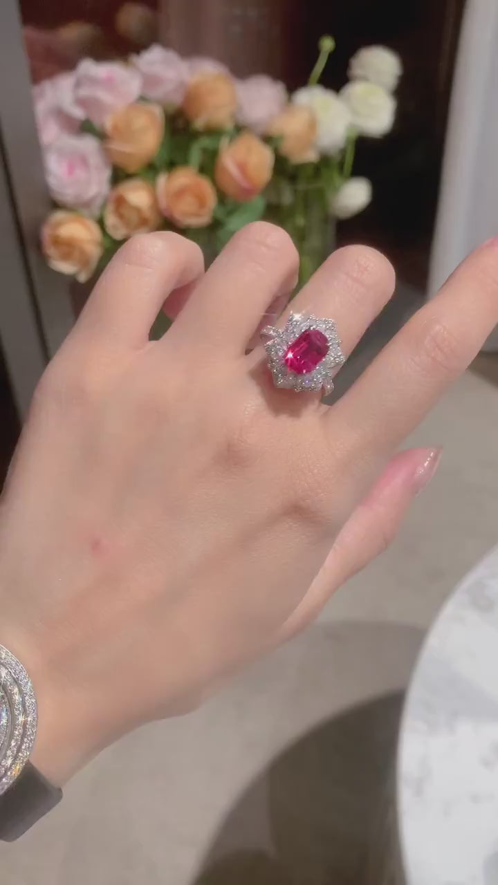 Rubessence – Cushion-Cut Ruby Halo Ring with Diamond Petal Design in Platinum and Gold Options