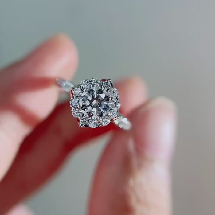 Round brilliant lab-grown diamond halo engagement ring featuring DEF color VVS/VS+ clarity diamonds with pavé cathedral band in solid gold or platinum.