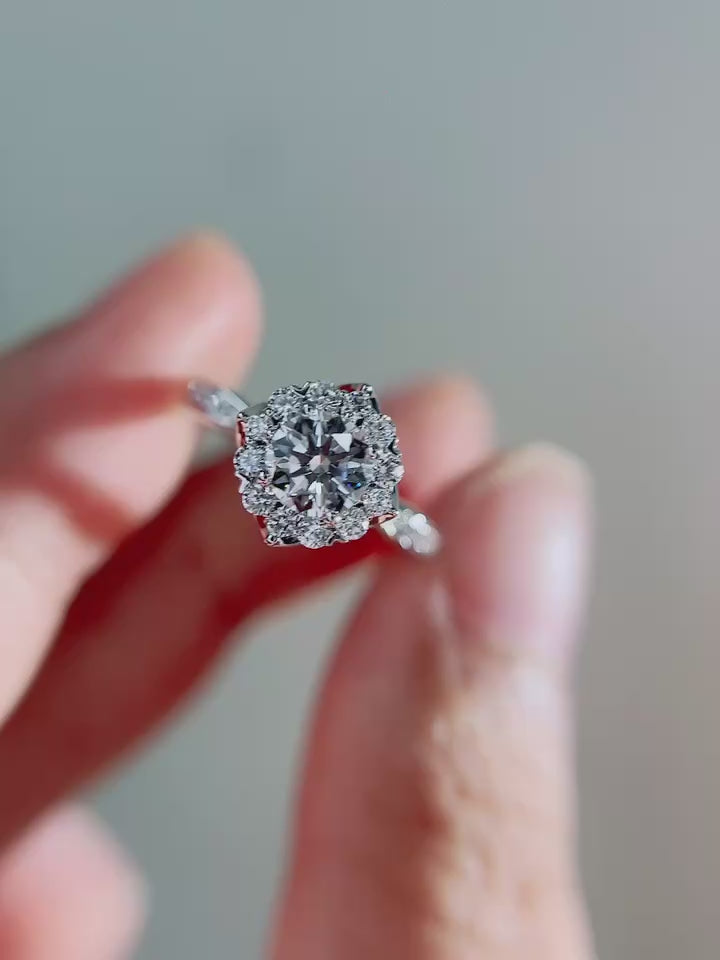 Round brilliant lab-grown diamond halo engagement ring featuring DEF color VVS/VS+ clarity diamonds with pavé cathedral band in solid gold or platinum.