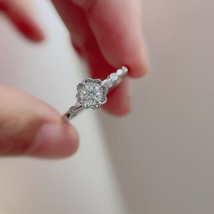 Roselith Halo Diamond Ring – Round Lab Diamond with Floral Halo Setting and Sculpted Diamond-Accented Band