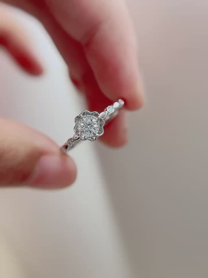 Roselith Halo Diamond Ring – Round Lab Diamond with Floral Halo Setting and Sculpted Diamond-Accented Band